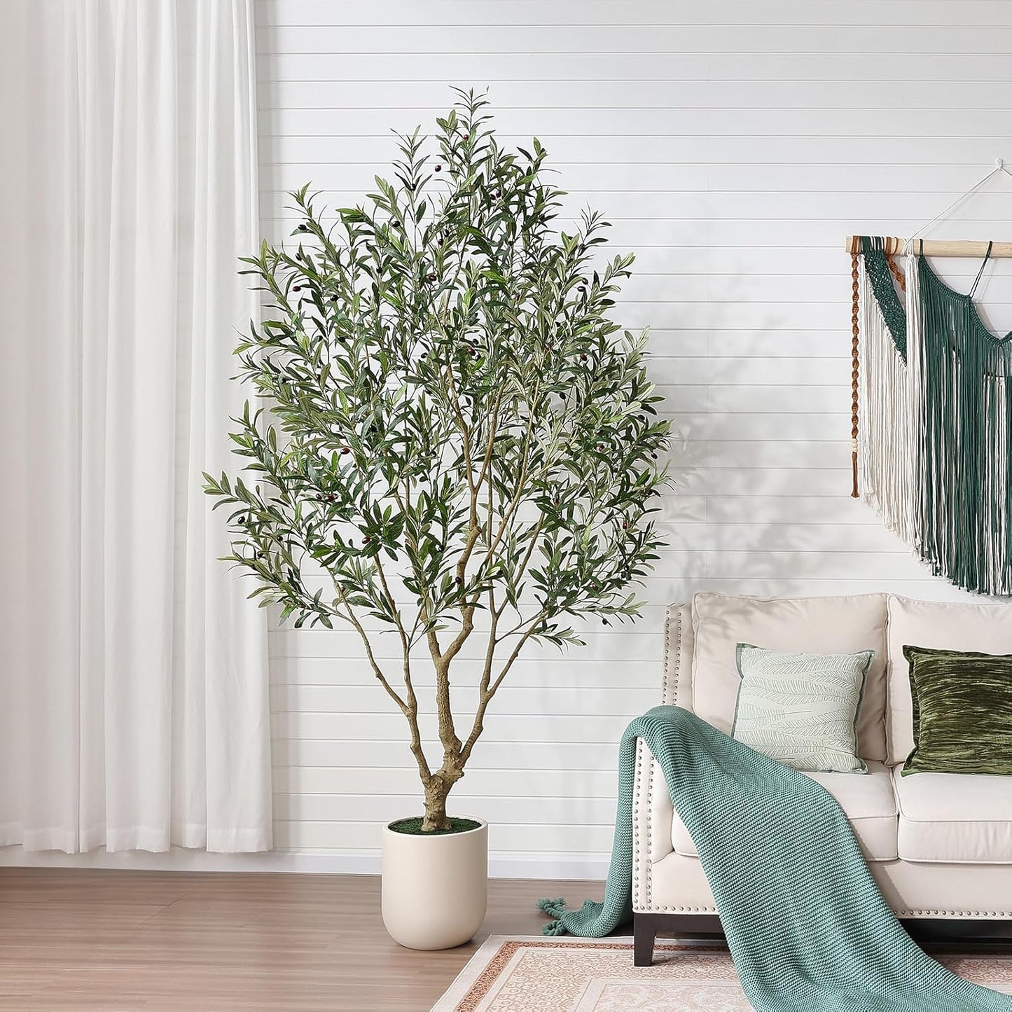 Verinatural Olive Tree Artificial Indoor, 8FT Tall Faux Olive Tree with 18in White Planter, Artificial Plants with Natural Wood Trunk and Lifelike Fruits for Home Office Decor,VN205