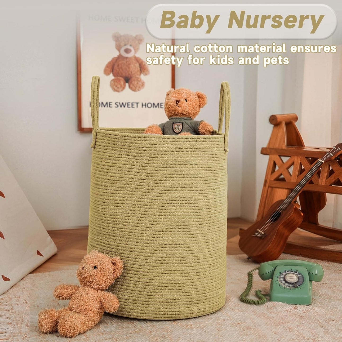 JMvicyroam Large Woven Laundry Basket Hamper,60L Cotton Rope Storage Bin for Blankets,Toys and Clothes,Decorative Tall Nursery Hamper for Living Room,Baby Nursery,Bathroom and Bedroom,Brown