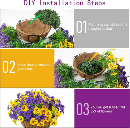 lovemoon 2 Sets Artificial Hanging Pansy Flowers with Baskets, 24 Pcs UV Resistant Faux Silk Pansy Outdoor Hanging Flower for Porch Patio Garden Home Spring Decor (2, White,Yellow,Purple)
