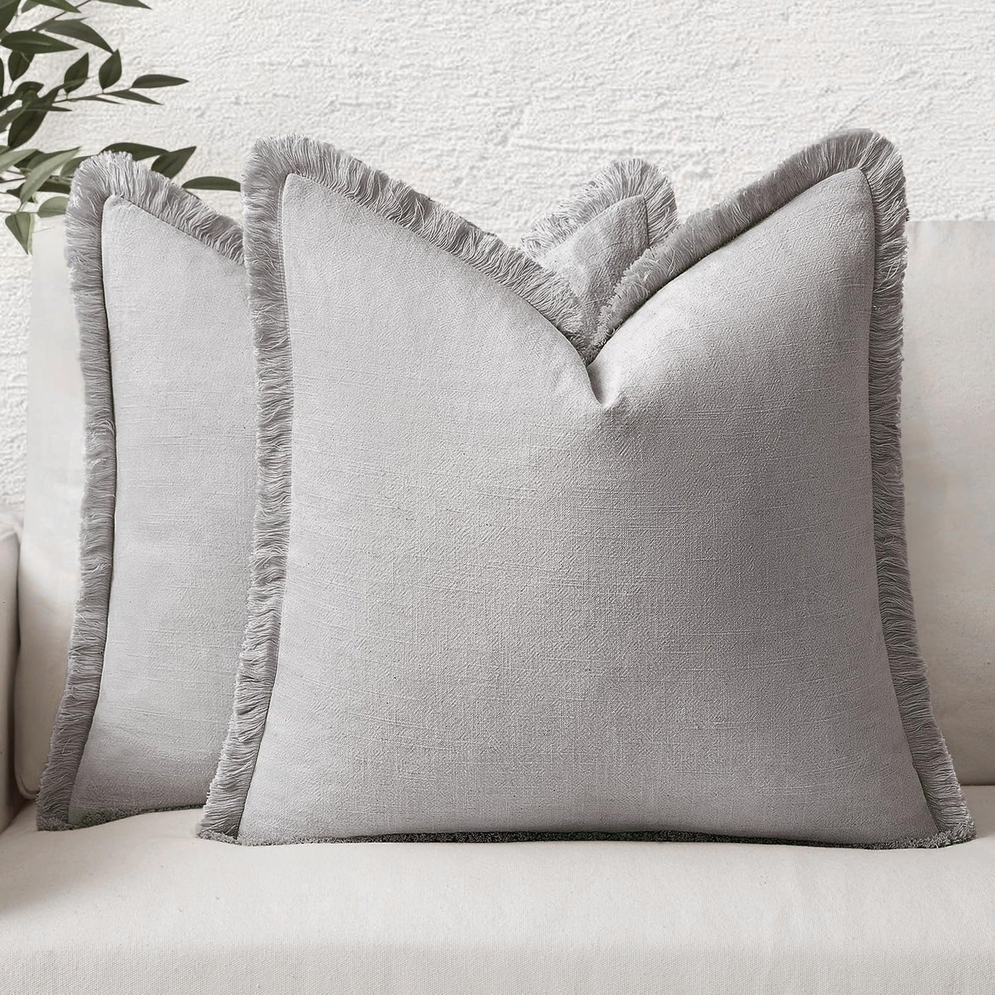 MIULEE Decorative Throw Pillow Covers Neutral Linen Fringe Throw Pillows Set of 2 Natural Beige Boho Farmhouse Cushion Covers with Tassels for Couch Sofa Bed Spring Home Decor 20x20 Inch