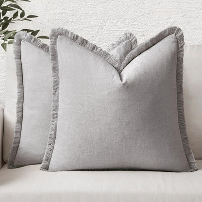 MIULEE Decorative Throw Pillow Covers Neutral Linen Fringe Throw Pillows Set of 2 Natural Beige Boho Farmhouse Cushion Covers with Tassels for Couch Sofa Bed Spring Home Decor 20x20 Inch