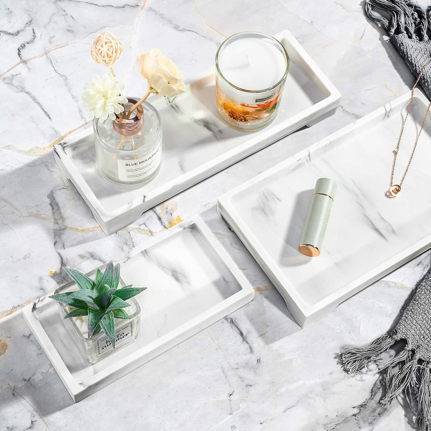 Luxspire Bathroom Vanity Tray, 8 x 4 inch Resin Kitchen Sink Tray for Soap Dispenser Bathroom Countertop Organizer Plate Holder for Perfume Soap Towel Bathroom Accessories, Mini, White Marble