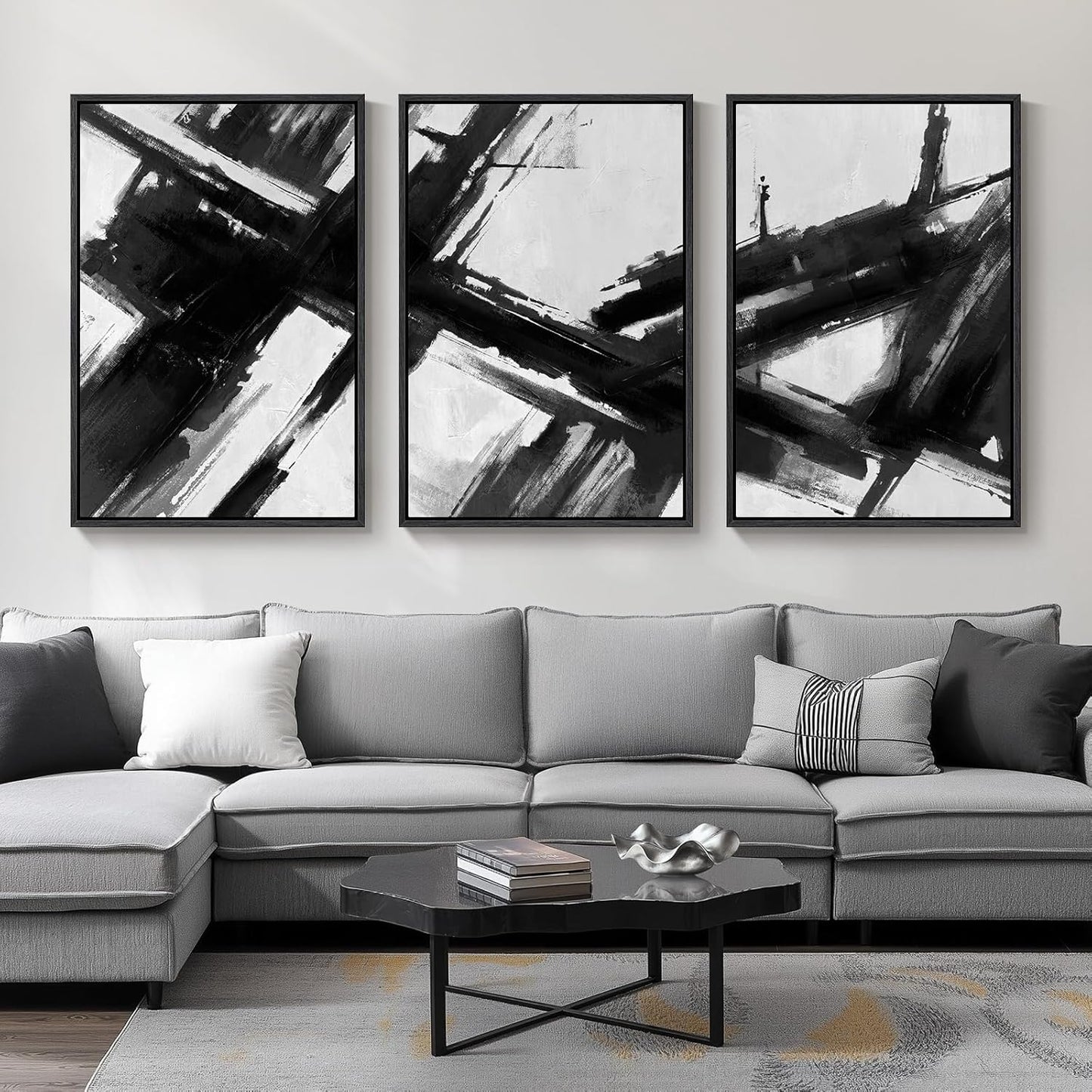 Large Framed Black and White Abstract Wall Art for Living Room, 3 Piece Big Modern Canvas Prints Paintings Artwork for Walls, Minimalist Abstract Art Pictures for Hallway, Office Wall Decor 24x36 In