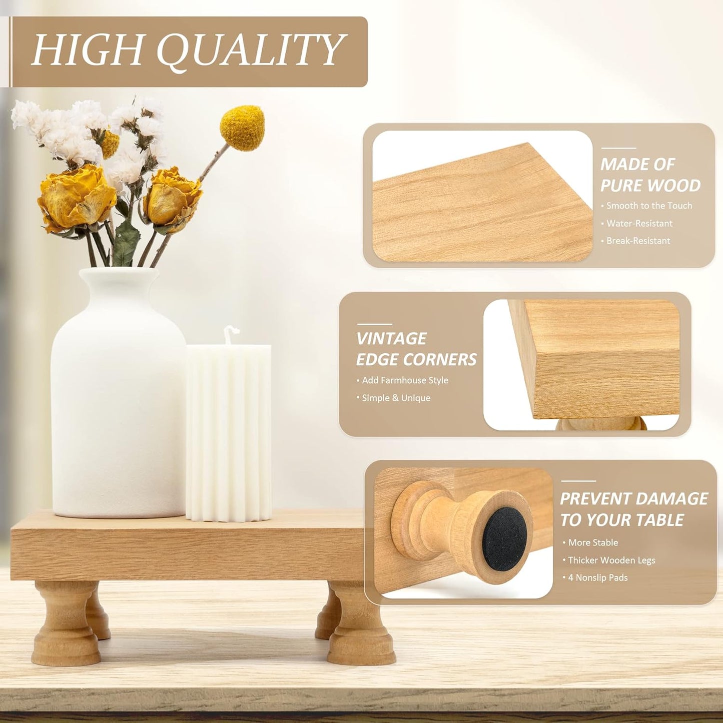 EOSAHR Farmhouse Riser for Room Decor : Decorative Pedestal Stand For Display Your Home Decorations and Uniquely Soap Stand - Rustic Bathroom Counter Tray and Kitchen Decor (Natural Wood)