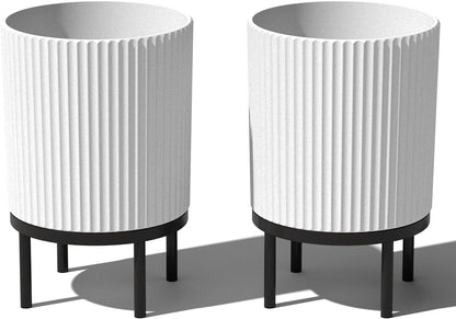 Veradek Demi Series Round Planter w/ Stand for Porch/Patio | Durable Plastic-Concrete & Wooden Stand | Modern Décor for Tall Plants, Flowers