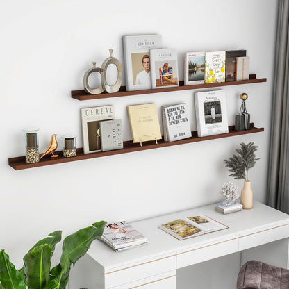 FLYJOE Picture Ledge Shelf, Floating Shelves Set of 2, Solid Pine Wood 55'' Long Large Nursery Book Shelves for Toys Storage, Kids Bookshelf for Living Room Bedroom Decor Books Photo Frames, Walnut