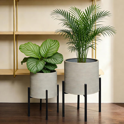 ARNIS Modern Plant Pots, Set of 2 Large Planters with Stand, Decorative Planters, Metal Pots with Drainage Holes for Living Room, Office, Garden or Balcony, 8.25 &10.5 Inch, Dirt