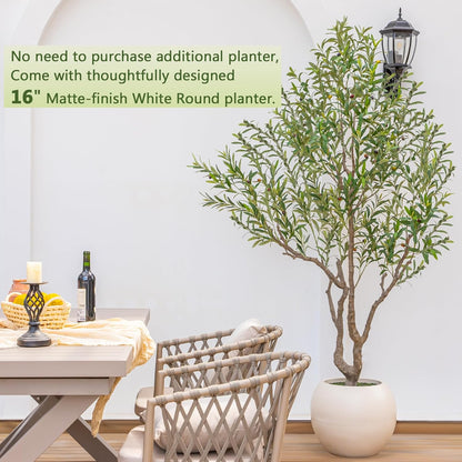 VIVATREES Olive Tree Artificial Indoor, 7FT Tall Faux Olive Tree with 16in Round White Planter, Artificial Plants with Natural Wood Trunk and Lifelike Fruits for Home Office Decor