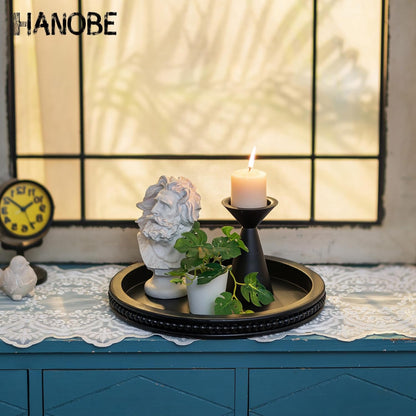 Hanobe Round Wooden Decorative Tray: White Washed Bead Tray Decor for Coffee Table Centerpiece Rustic Farmhouse Tray for Kitchen Counter Living Room Decoration