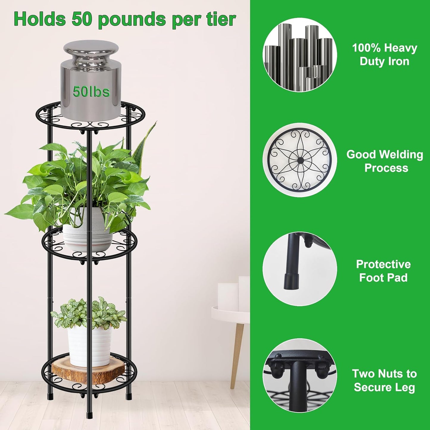 CASIMR Plant Stand Indoor Outdoor, Metal Rustproof Flower Shelf 2 Tier 23.9 inch, Tall Multiple Plant Pot Holder Rack for Garden Patio Living Room Corner Balcony, Black