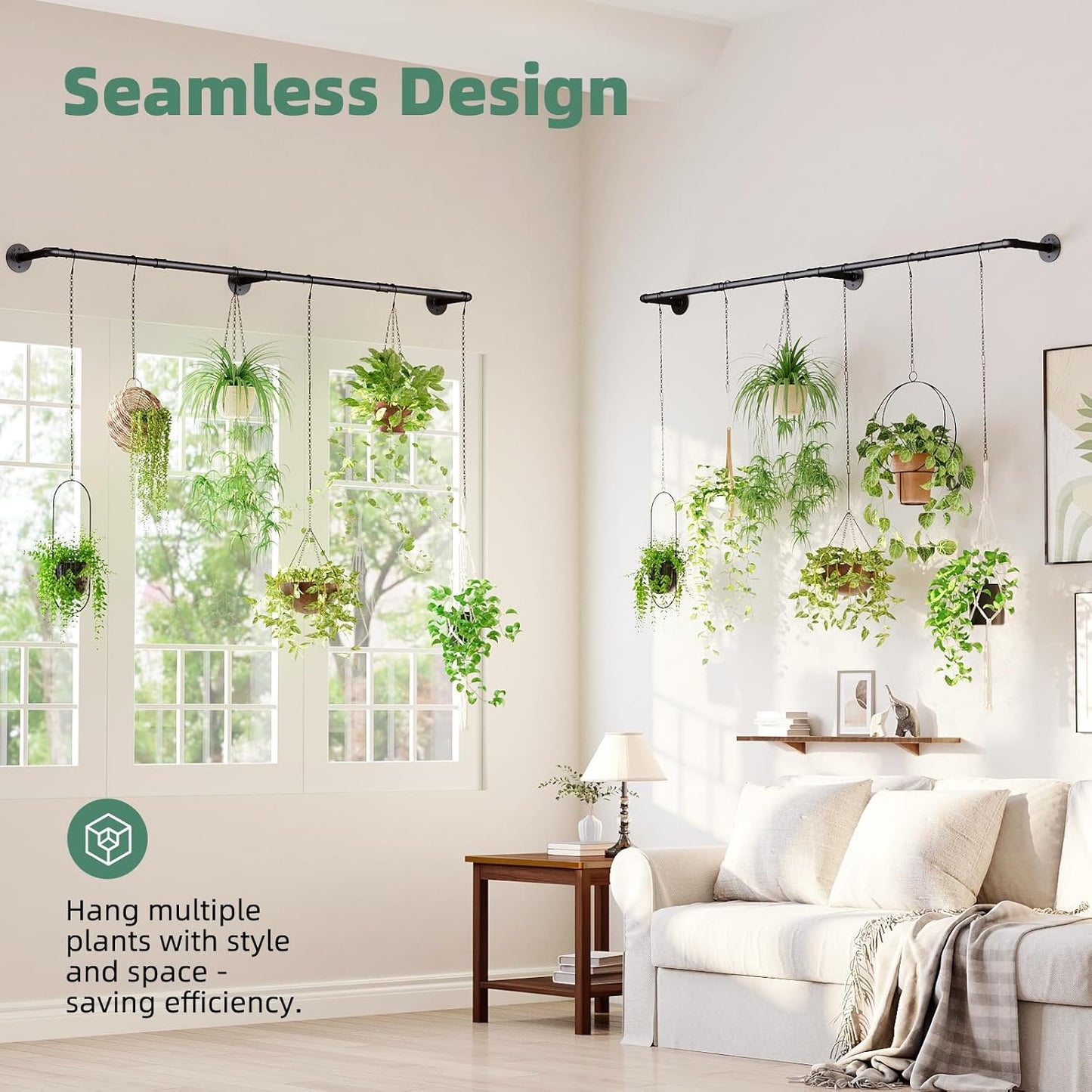 Galood Plant Hanger Indoor with 6 Hanging Chains Hanging Planters for Indoor Plants Hanging Plant Holder Window Plants Rod Black Metal Shelves(70.8 Inch Pot not Included