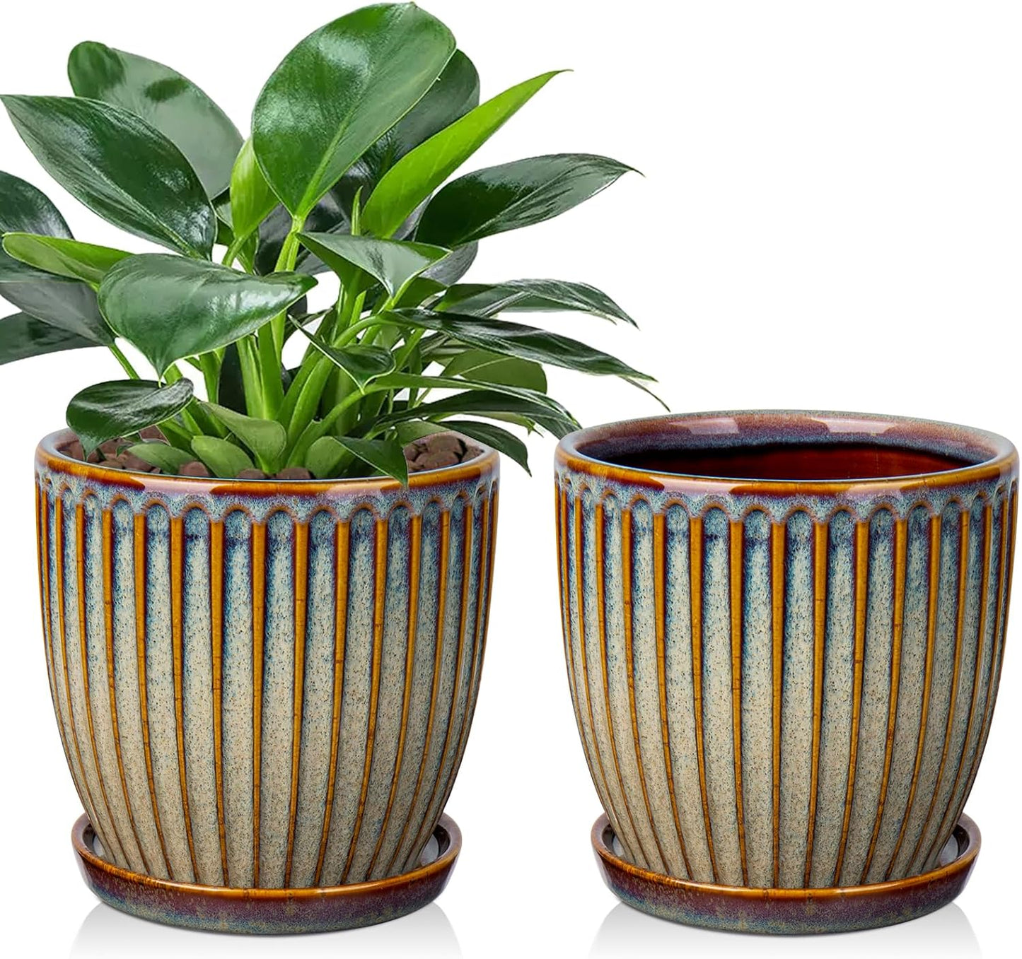 Oairse Ceramic Pots for Indoor Plants, 4.9 +5.7 inch Set of 2 Brown Plant Pots with Drainage Holes and Saucers Texture Ceramic Planters Indoor Outdoor Flower Planters for Succulent