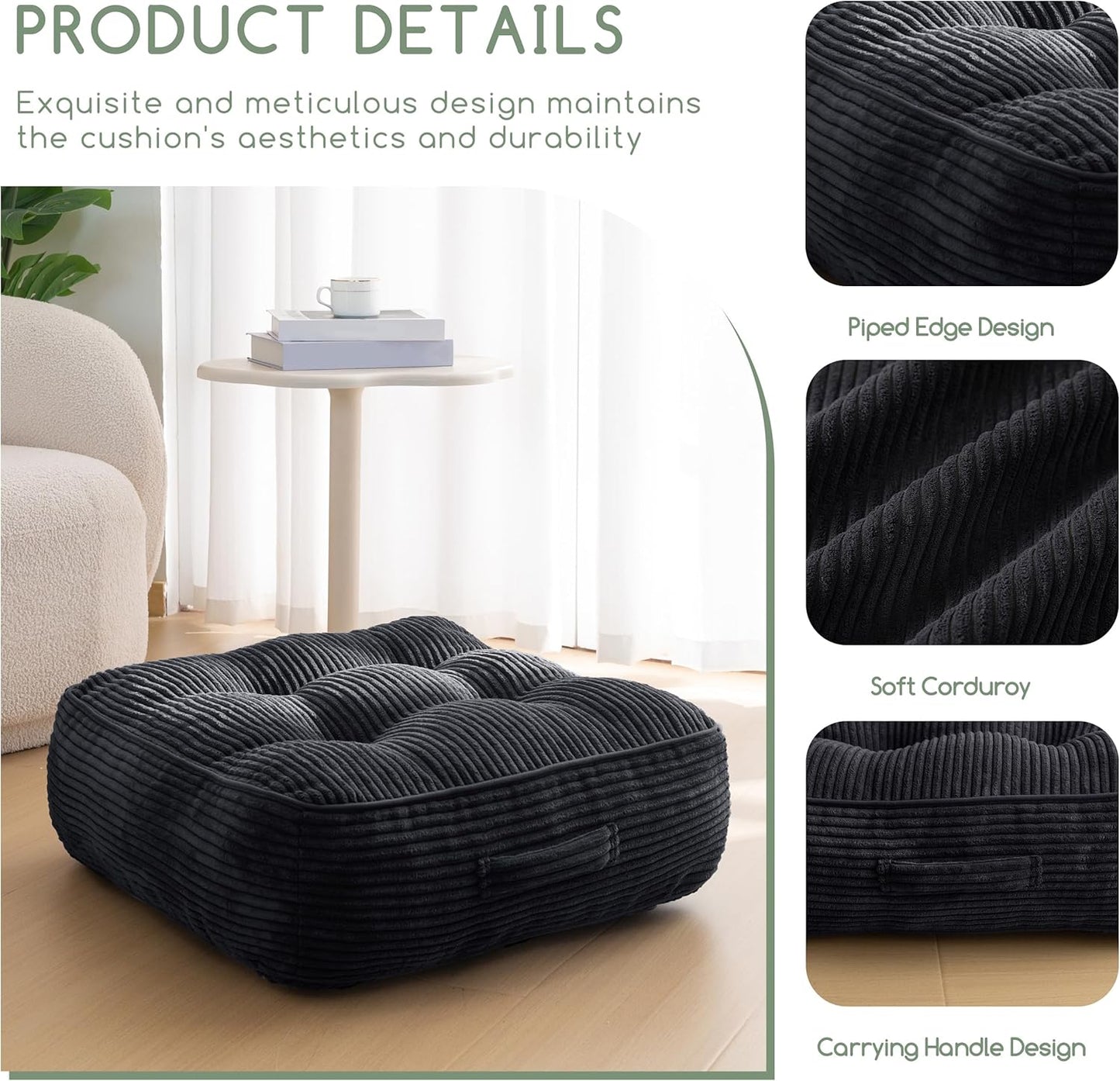 HIGOGOGO 6" Extra Thick Floor Pillow Cushion for Adults, Meditation Cushion Pillow, Large Square Floor Sitting, Tufted Corduroy Cover, for Tatami Living Room or Yoga, 22x22 Inch, 2Pack, Dark Grey