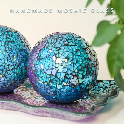 VCUTEKA Decorative Balls and Glass Bowl, 4 Inch Mosaic Sphere Balls Centerpiece Balls for Coffee Table, Home Decor, Wedding Party Decor, Green