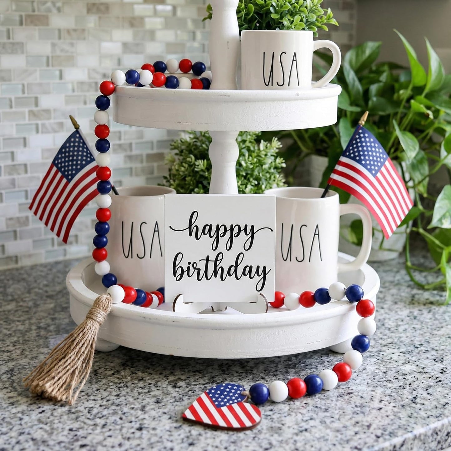 Wood Bead Garland with American Flag and Rustic Tassels, Farmhouse Wall Hanging Prayer Beads Patriotic American Independence Day 4th of July Ornaments for Home Decor