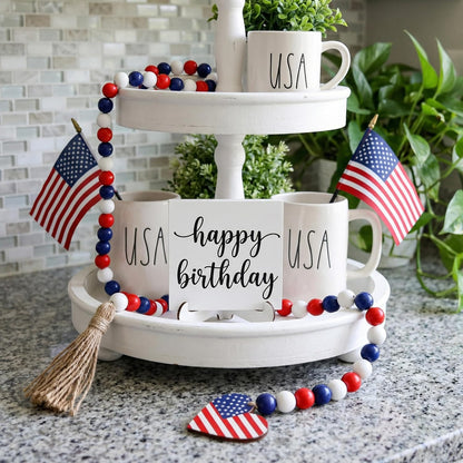 Wood Bead Garland with American Flag and Rustic Tassels, Farmhouse Wall Hanging Prayer Beads Patriotic American Independence Day 4th of July Ornaments for Home Decor
