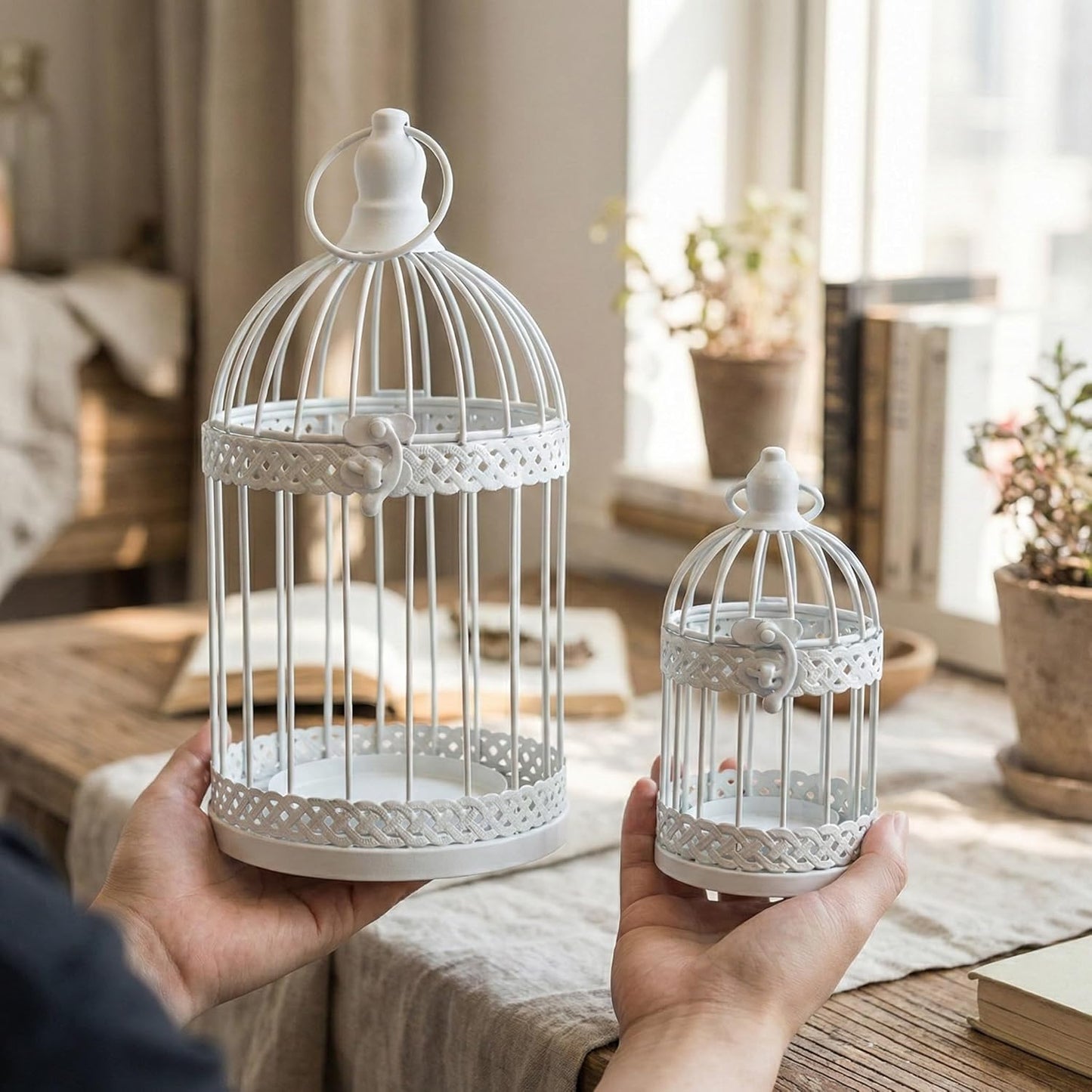 Vela Lanterns Bird Cage Decor Candle Holder Lantern Decorative Wedding Table Centerpiece Decorations, White, Small, Set of 4