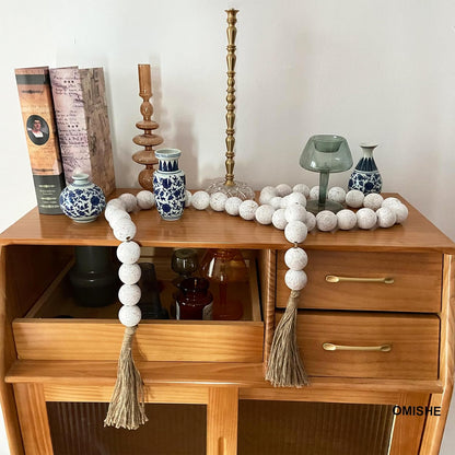OMISHE Extra Large Wood Bead Garland with 1.6" Diameter Wooden Beads and Tassels, 41" Long Rustic Farmhouse Country Decorative Beads for Home Tiered Tray Decor, Natural Beige