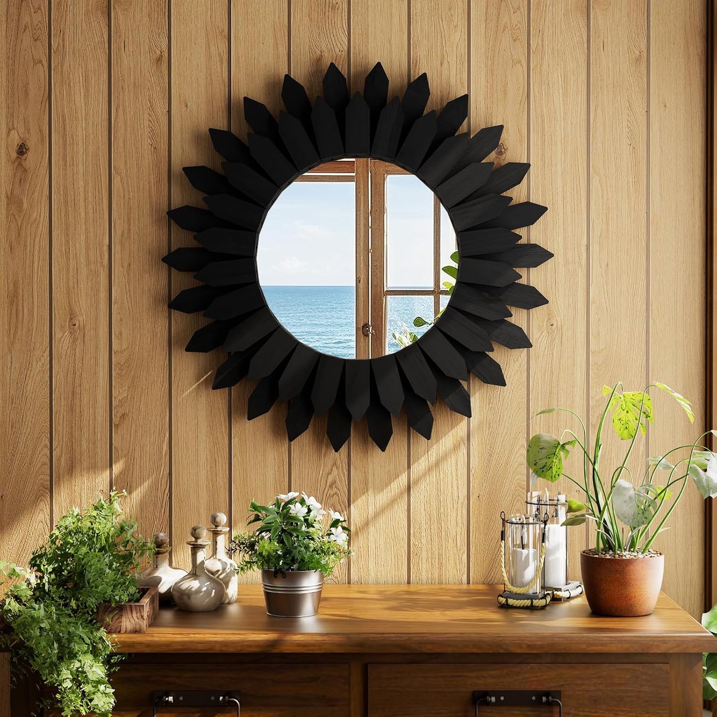 20 Inch Brown Boho Wall Decor Sunburst Mirror - Round Wooden Wall Decor, Handmade Rustic Circular Mirror for Living Room, Bedroom, Entryway, Office