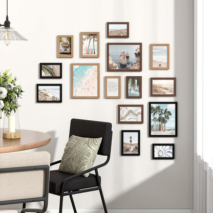 Venusmiles 15 Pack Picture Frames Collage Wall Decor, Gallery Frame Set for Wall Mounting or Tabletop Display, Multi Sizes Including 3pcs 8x10, 6pcs 5x7, 6pcs 4x6, Oak