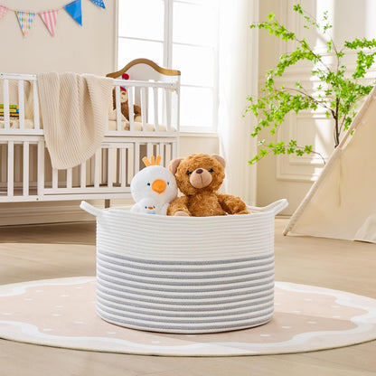 KAKAMAY Large Blanket Basket (20"x13"),Woven Baskets for storage Baby Laundry Hamper, Cotton Rope Blanket Basket for Living Room, Laundry, Nursery, Pillows, Baby Toy chest (White/Brown)