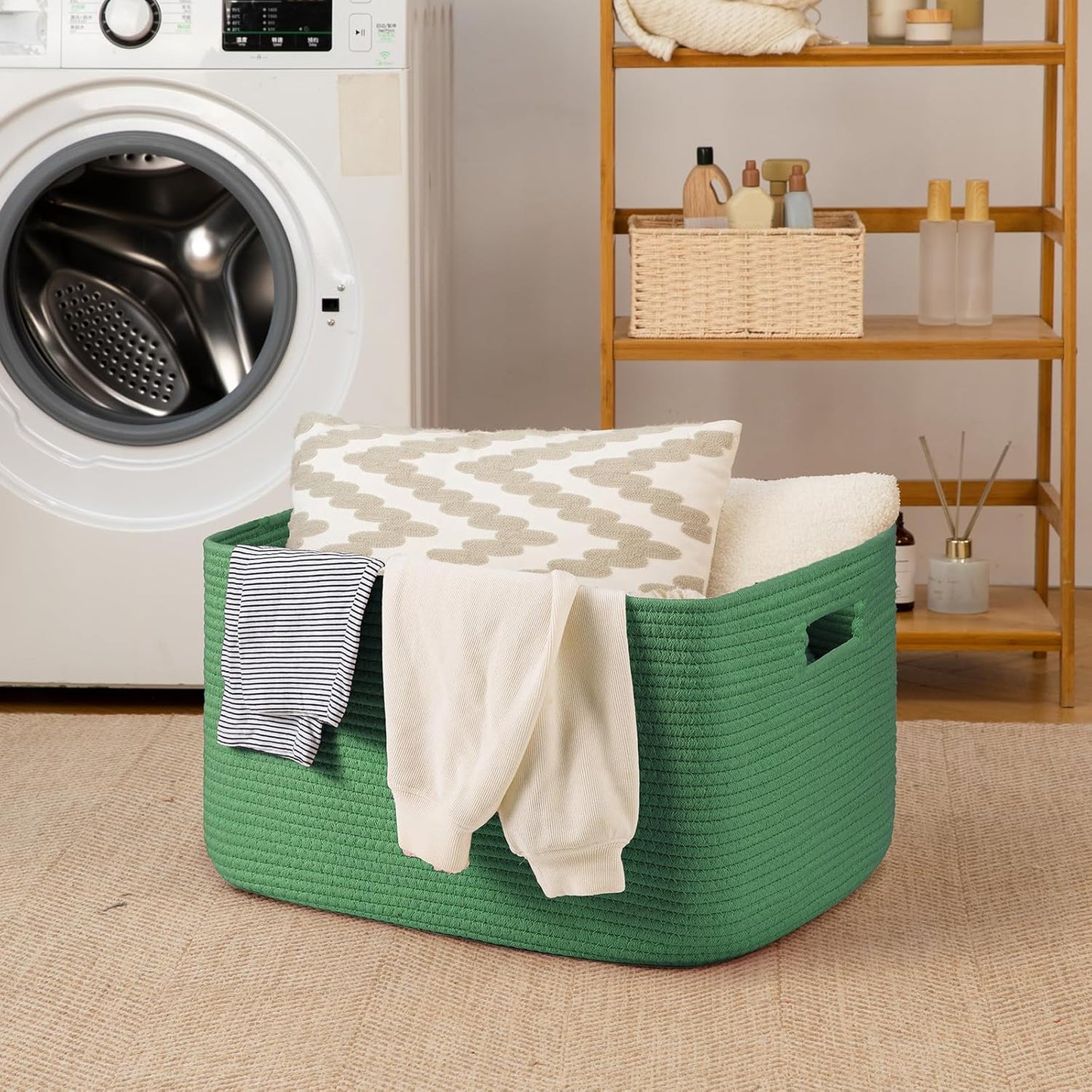 OIAHOMY 75L Large Woven Cotton Rope Storage Basket with Handle for Organizing Blanket and Toys for Living Room, Nursery, Brown Variegated 22”x17”x12”