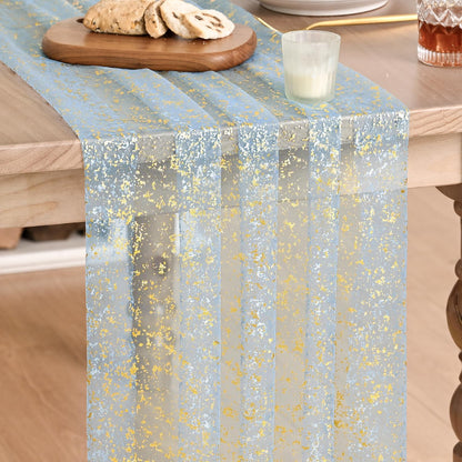 Artoid Mode Beige Gold Gauze Table Runner 120 Inch 10FT, Glitter Metallic Foil Sheer Dining Wedding Anniversary Holiday Birthday Table Decor for Home Party