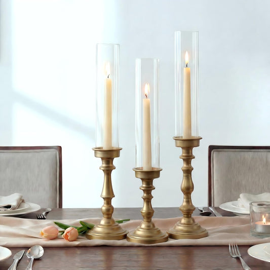 NUPTIO Gold Candlestick Holders Bulk: Set of 6 Tall Hurricane Glass Taper Candleholders - Vintage Candles Stick Stand for Wedding Bridal Shower Birthday Party Centerpiece Decor