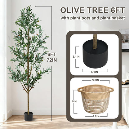 Faux Olive Tree 6ft, Olive Trees Artificial Indoor with Planter and Basket, Tall Fake Tree with Realistic Leaves and Fruits for Home Living Room Bedroom Outdoor Decor