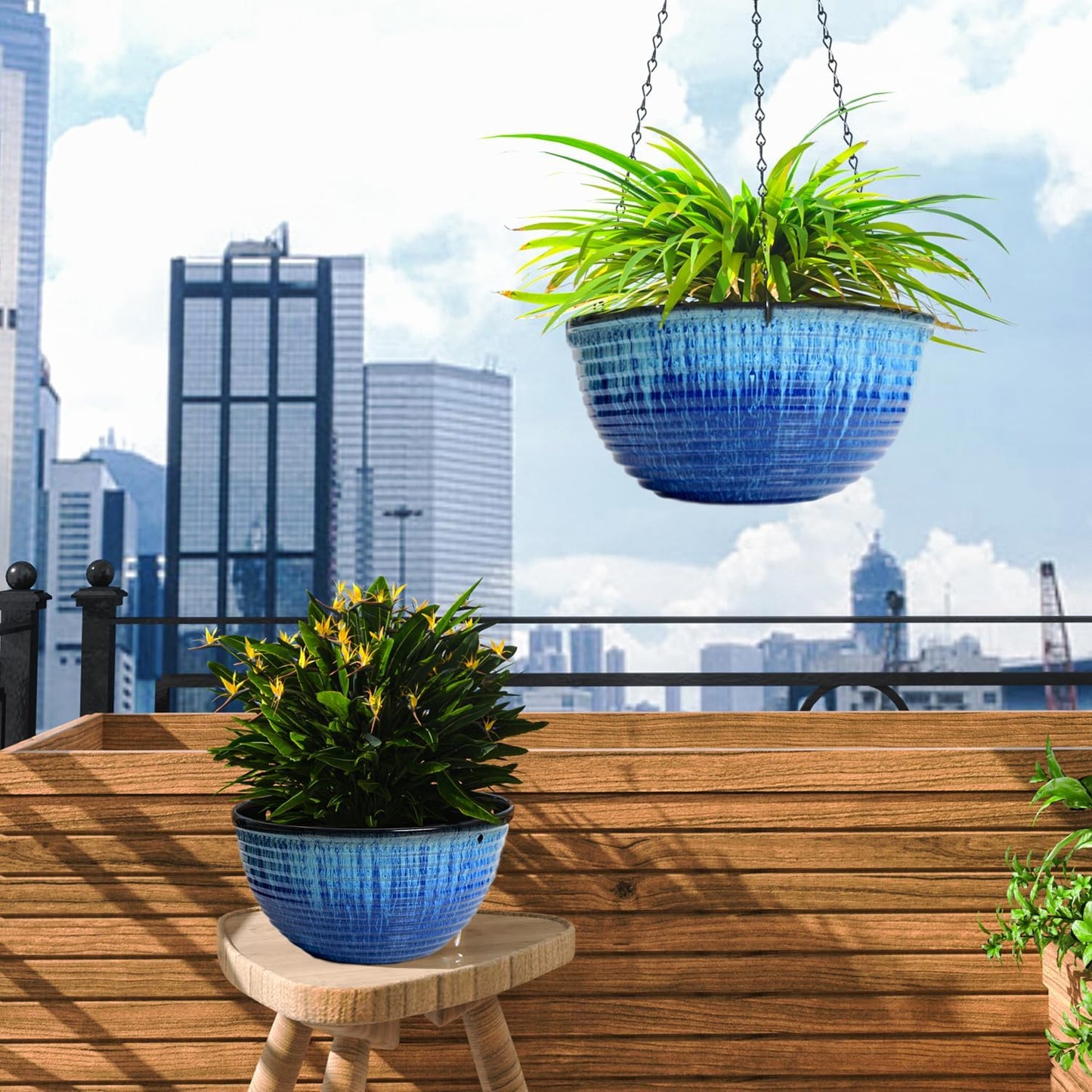 Vanslogreen 2 Pack Hanging Planters for Indoor Outdoor Plants, 10 Inch Hanging Planter with Drainage Hole & Plug Glazed Hanging Baskets Flower Pots for Garden Home (Blue)
