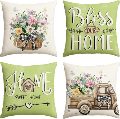 AVOIN colorlife Bless Our Home Farmhouse Eucalyptus Leaves Throw Pillow Covers, 18 x 18 Inch Truck Home Sweet Home Cushion Case Decorations Set of 4