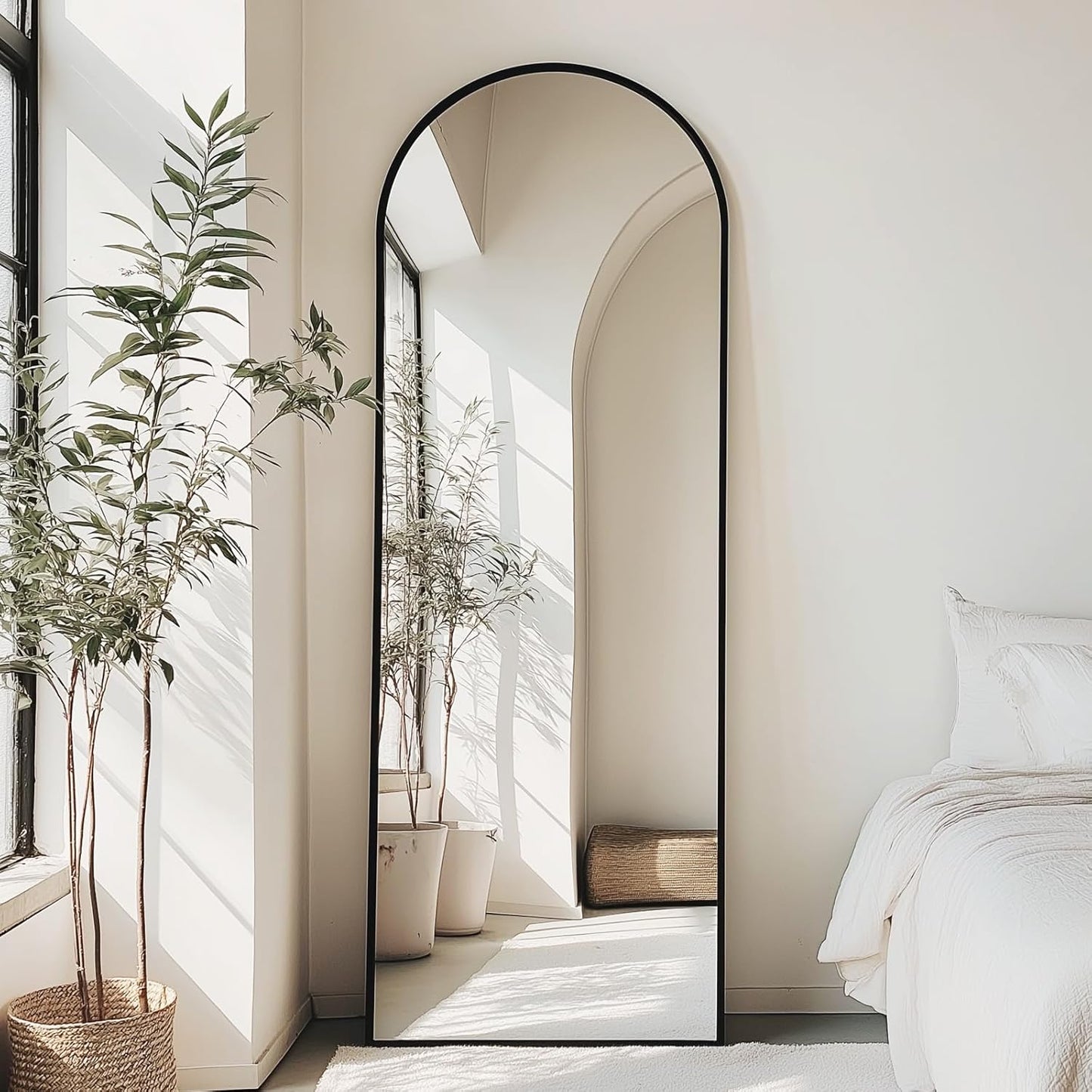 OLIXIS Black Arched Full Length Mirror 60"x16" for Bedroom, Full Body Mirror with Stand, Hanging or Leaning for Wall, Aluminum Alloy Thin Frame Floor Standing for Living Room
