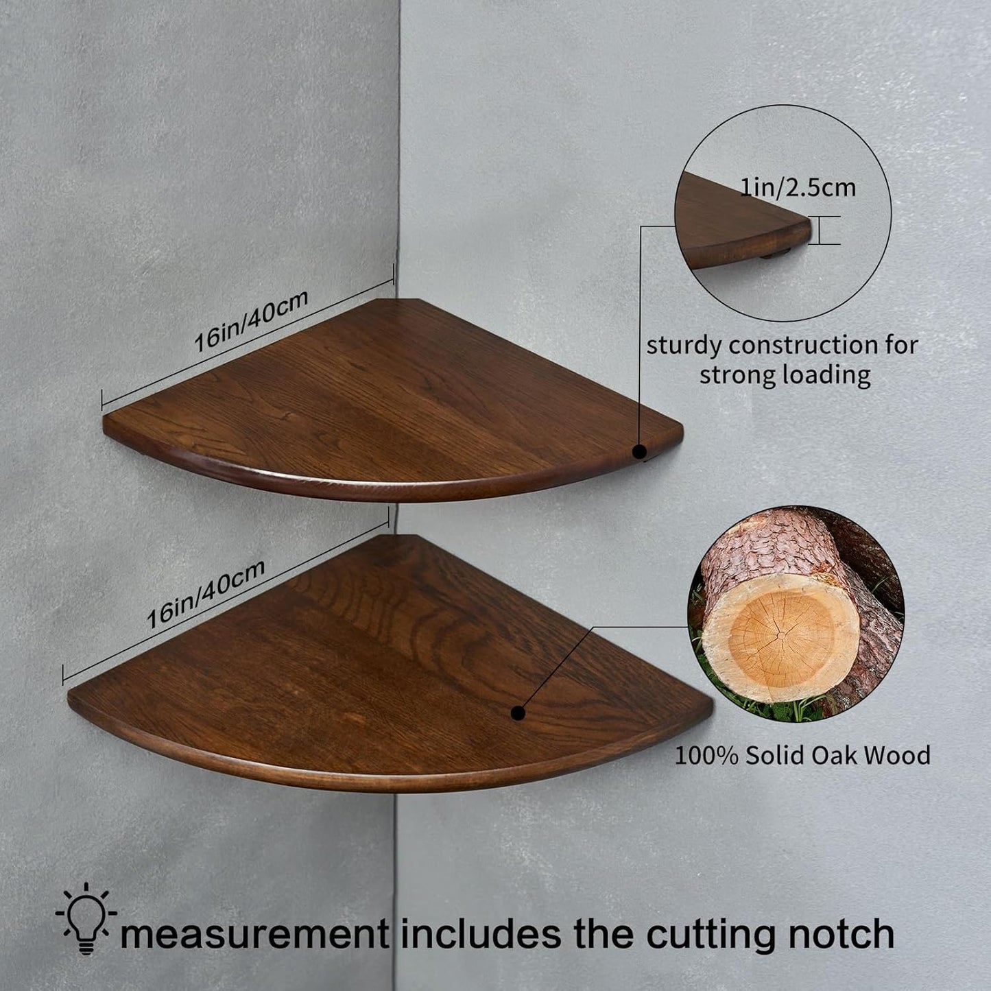 Corner Shelves, Floating Corner Shelf, Set of 2 7inch Solid Oak Wood Wall Shelves, Round End Wall Mount with Wire Hole Shelving for Small Plant for Bedroom Kitchen, Living Room