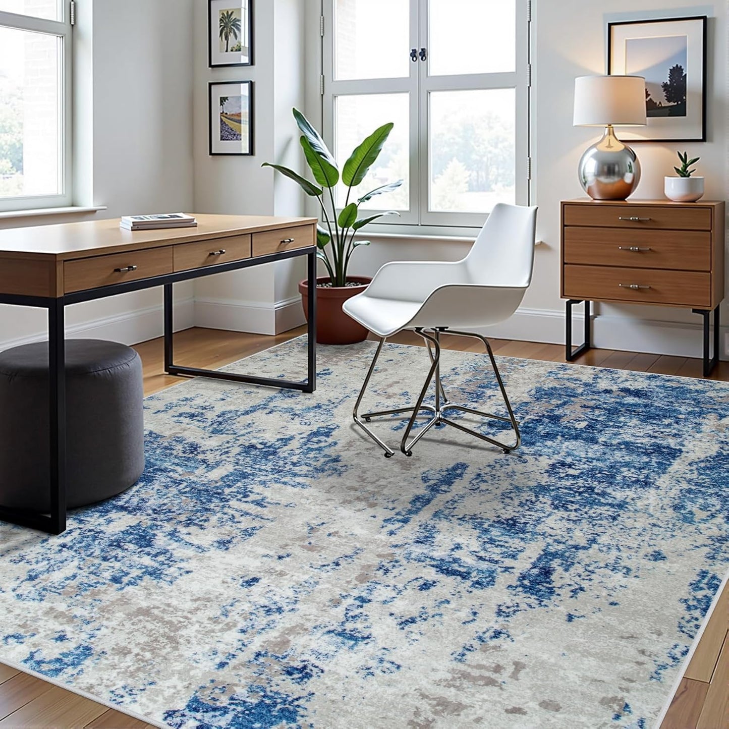 8x10 Area Rugs for Living Room Rug Washable: Abstract Large Rug for Dining Room Bedroom Carpet Non Slip 8 by 10 Indoor Modern Nursery Home Office Blue Grey