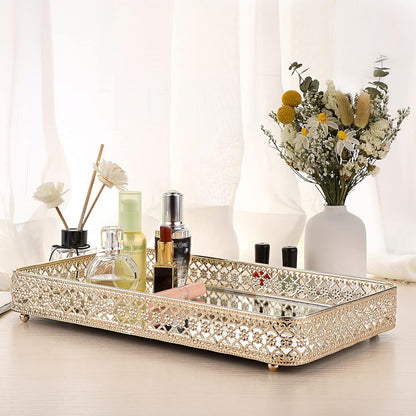 ELLDOO Perfume & Makeup Vanity Tray - Hollow-Carved Jewelry Storage, Glass & Metal Trinket Organizer for Dresser & Bathroom Countertop, Gold, Medium Size