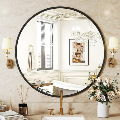 Sweetcrispy 24 Inch Round Wall Mirror with Tempered Glass, Bathroom Mirror Over Sink, Anti-Fog & Waterproof Round Mirror for Bathroom, Entryway, Bedroom, Shatterproof Design, Black