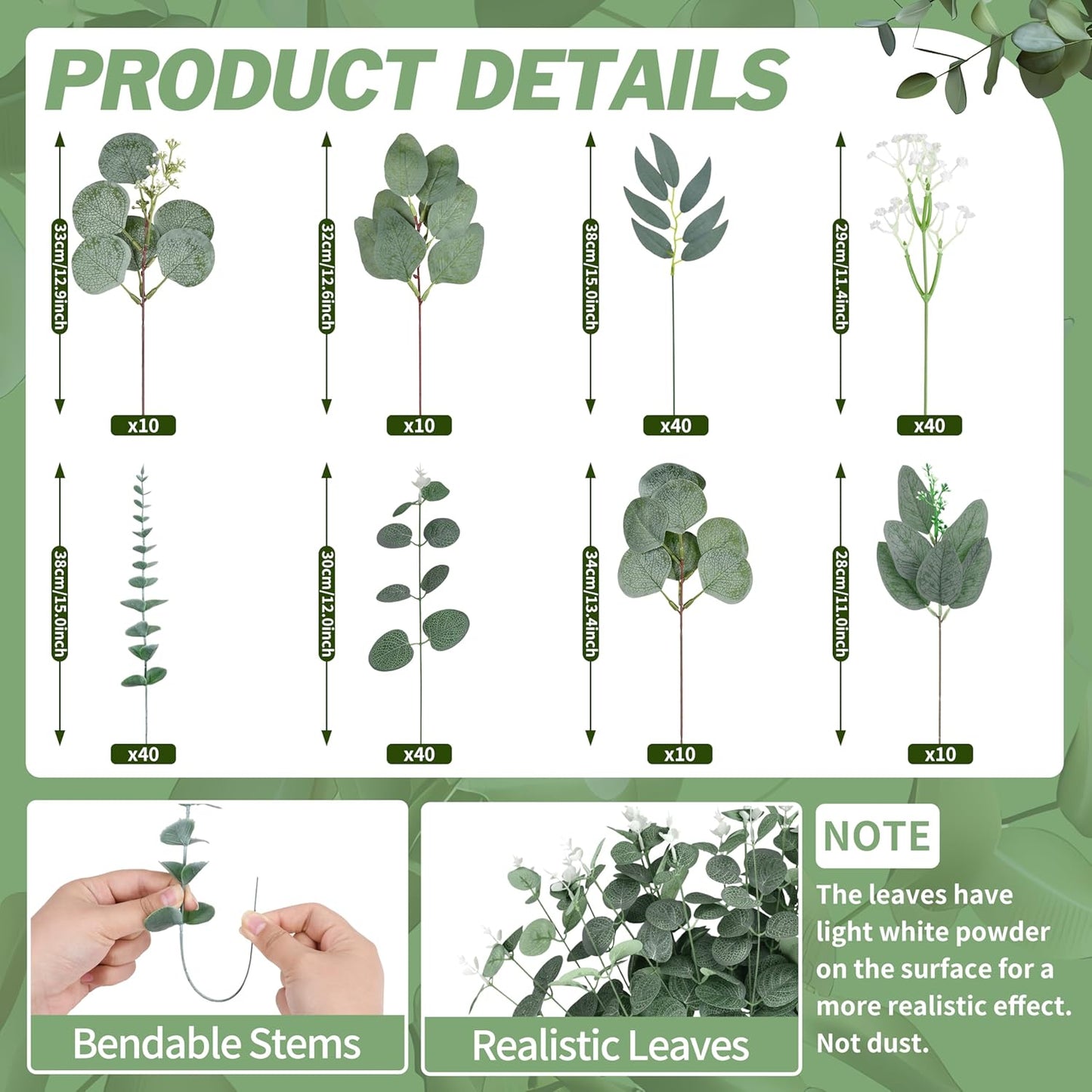 200 Pcs 8 Kinds Mixed Artificial Eucalyptus Stems Bulk Fake Silver Dollar Eucalyptus White Seeds Stems Bundle Faux Plants Greenery for DIY Bouquets Floral Arrangement Wedding Engagement Party Decor