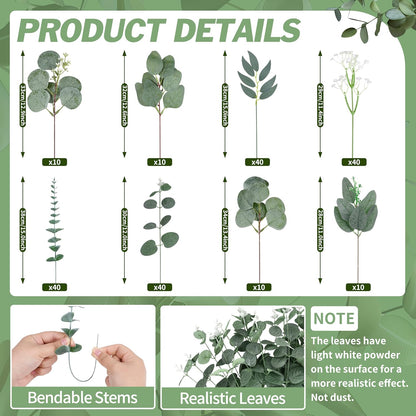 200 Pcs 8 Kinds Mixed Artificial Eucalyptus Stems Bulk Fake Silver Dollar Eucalyptus White Seeds Stems Bundle Faux Plants Greenery for DIY Bouquets Floral Arrangement Wedding Engagement Party Decor