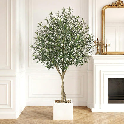 Verinatural Olive Tree Artificial Indoor, 8FT Tall Faux Olive Tree with 18in White Planter, Artificial Plants with Natural Wood Trunk and Lifelike Fruits for Home Office Decor,VN205