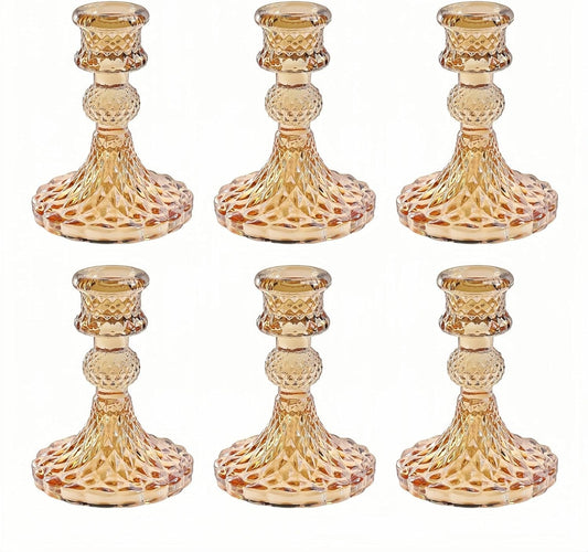 Glass Candlestick Holder,Striped Taper Candle Holders,Set of 6 Candle Stand for Table Centerpieces, Home Decor,Weddings,Festival and Parties (Clear Stripe Pattern)
