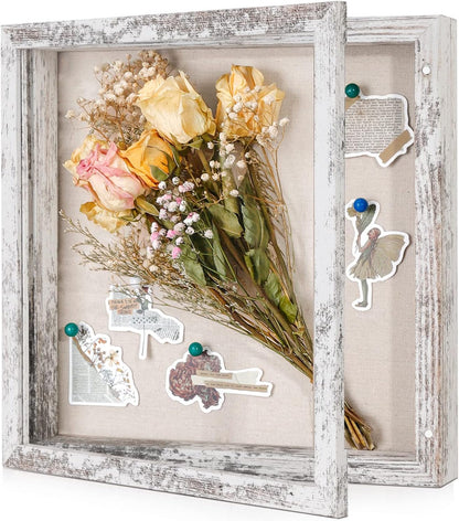 Califortree 8x10 Shadow Box Frame with Linen Back - Sturdy Rustic Memory Display Case of Flower, Pictures, Medals and More, White