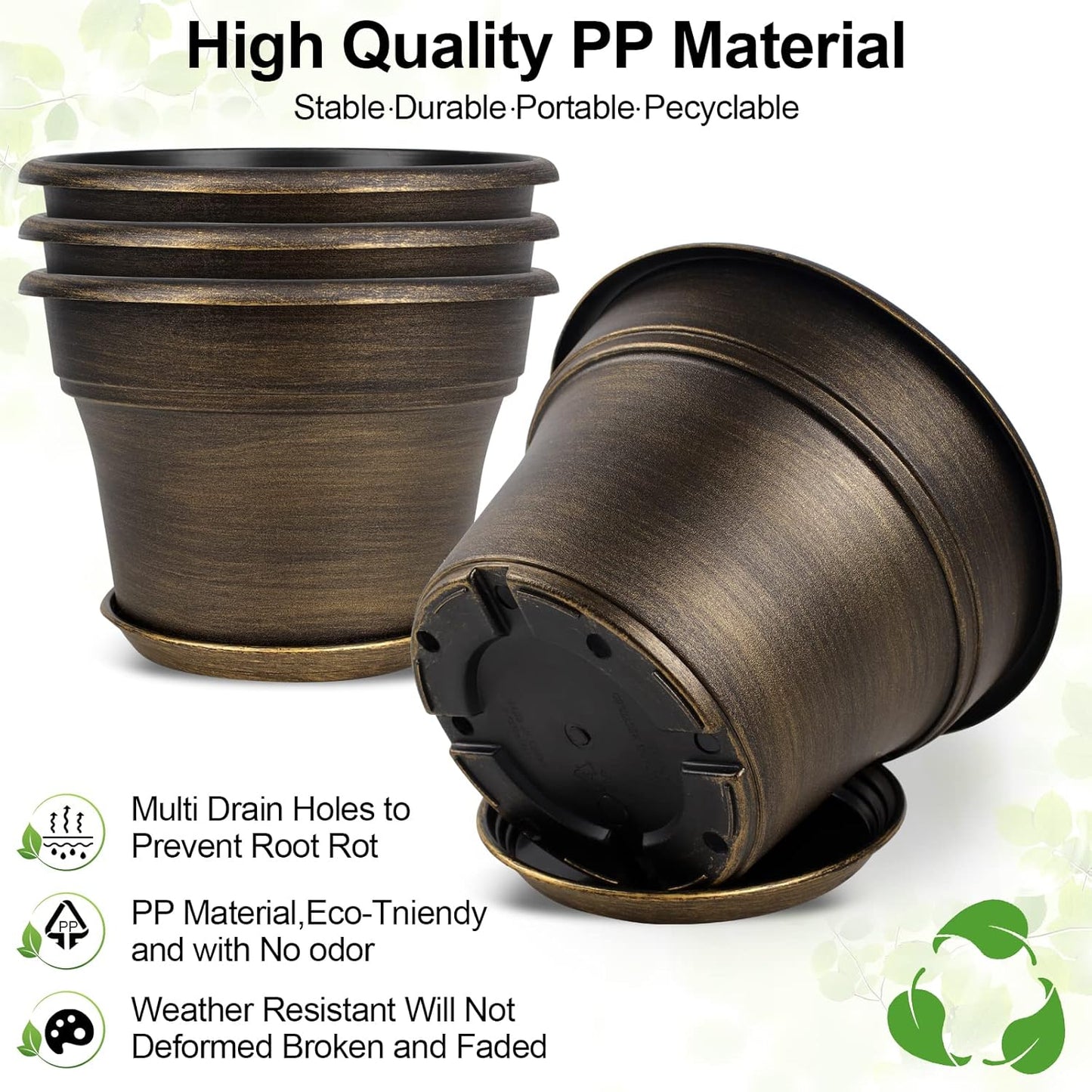 Fodetyff 10 Inch Planters Plant Pots Indoor Outdoor, 4 Pack Plastic Flower Pot for Indoor Plants with Drainage Holes & Trays, Resin Decorative Container Sets with Saucer for House Garden Copper