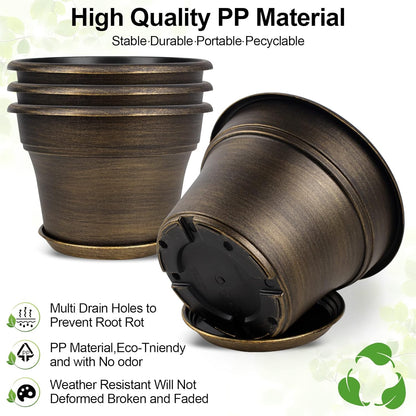 Fodetyff 10 Inch Planters Plant Pots Indoor Outdoor, 4 Pack Plastic Flower Pot for Indoor Plants with Drainage Holes & Trays, Resin Decorative Container Sets with Saucer for House Garden Copper