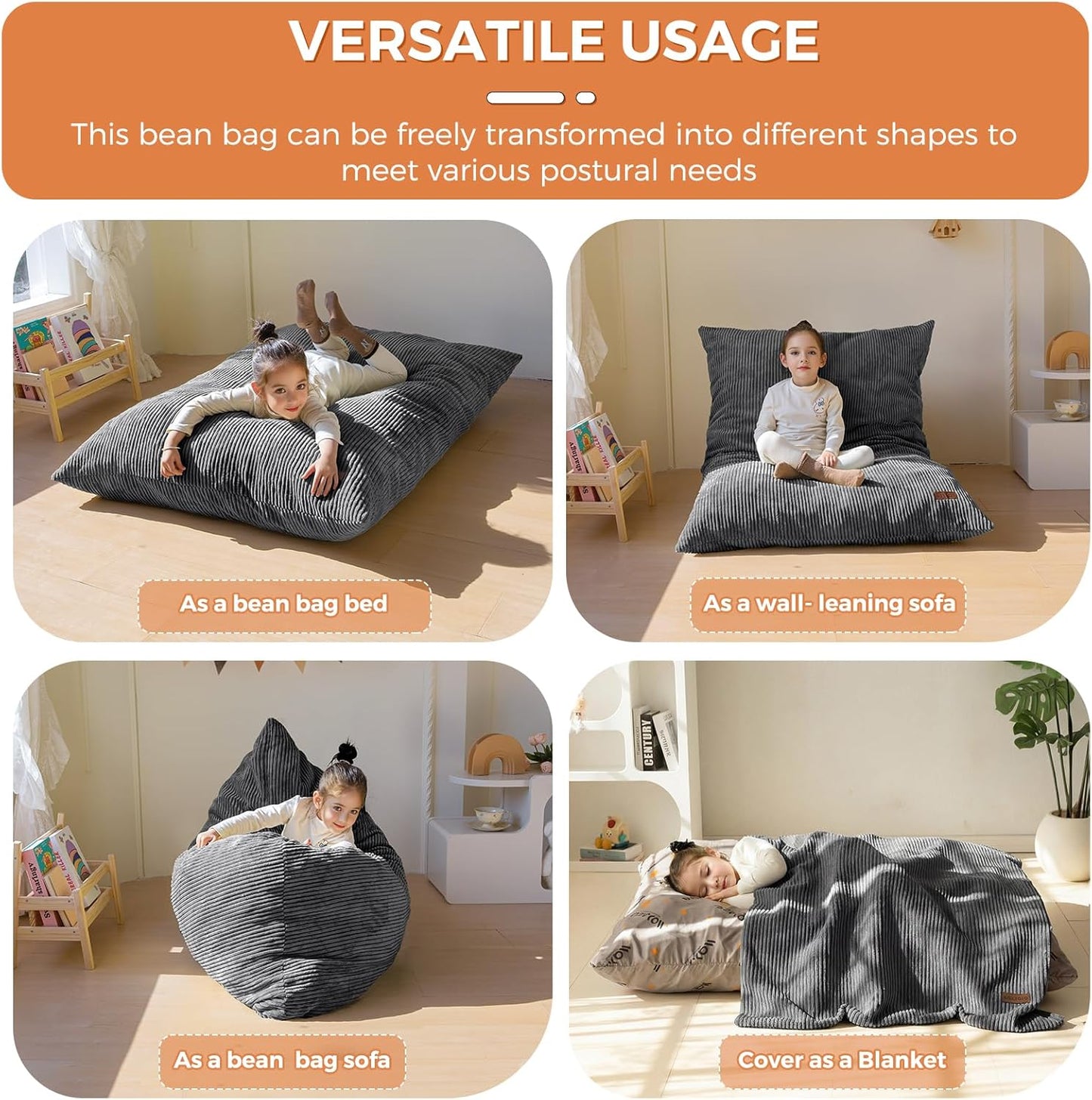 MAXYOYO 3 in 1 Kids Bean Bag Chair Couch, Convertible Chair Folds from Bean Bag to Lounger, Child Floor Sofa for Gaming, Reading, Floor Mattress with High-Density Foam Filling