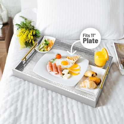 ATZYmolin 17" x 12" Wood Serving Tray with Gold Polished Metal Handles, Home Decorative Wooden Rectangle Ottoman Leather Decor Platter Bathroom Vanity Tray for All Occasions White