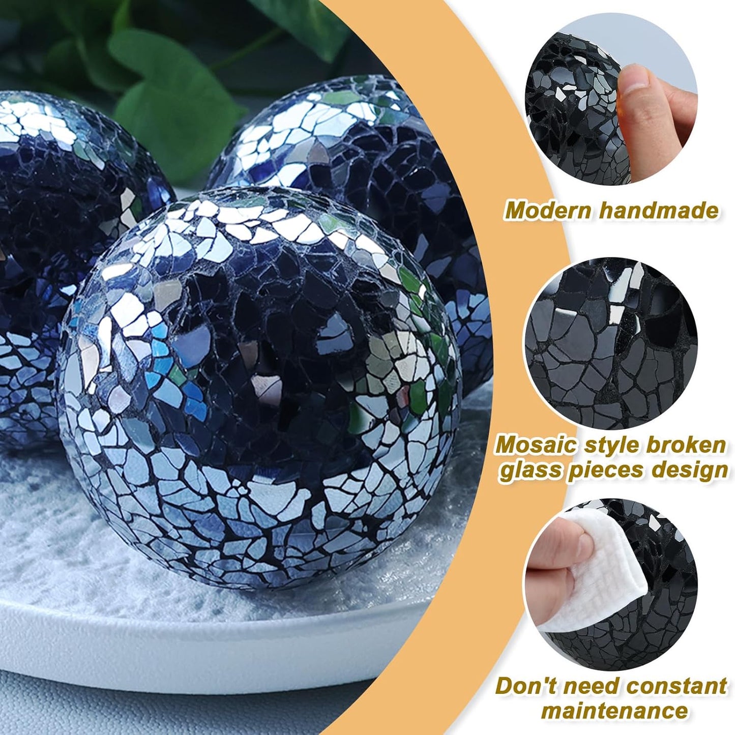 3 Pack Blue Decorative Orbs Mosaic Crack Glass Balls Decor Solid Sphere Globe Bowl Vase Fillers Holiday Living Room Mantle Basket Centerpiece 3.35 Inch