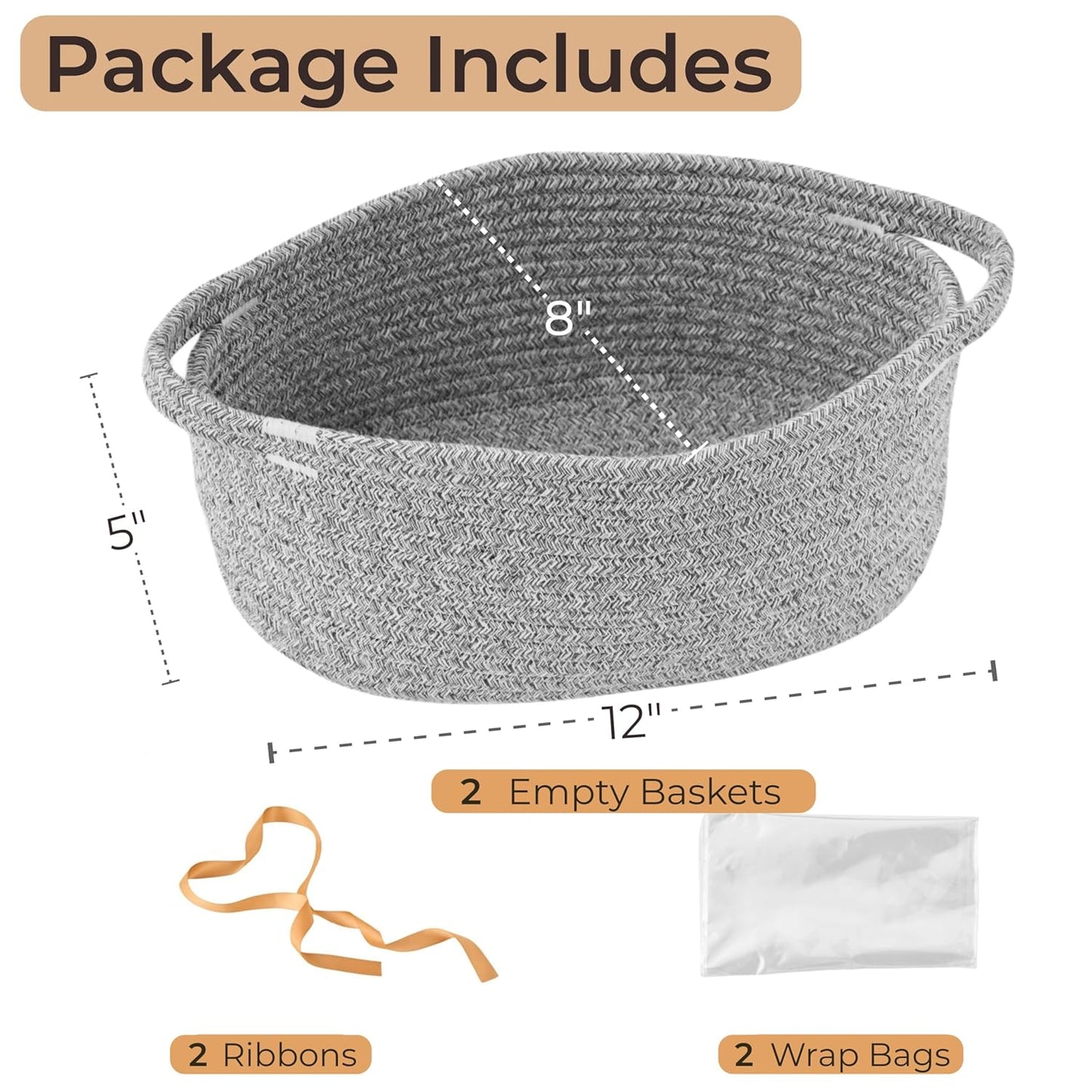 Small Woven Gift Basket Empty with Bag & Ribbon - Gifts for Mom, Baby Shower, Birthdays & Raffle - Cotton Rope Storage Basket for Dog Toys or Shelf - 12"x8"x5", White