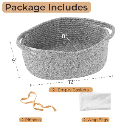 Small Woven Gift Basket Empty with Bag & Ribbon - Gifts for Mom, Baby Shower, Birthdays & Raffle - Cotton Rope Storage Basket for Dog Toys or Shelf - 12"x8"x5", White