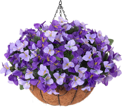Artificial Hanging Flowers Faux Plants Basket for Outdoors Spring Summer Decor, Fake Silk Bougainvillea in Planter Outdoor Look Real UV Resistant Faux Flower for Outside Porch Patio Garden Home, White