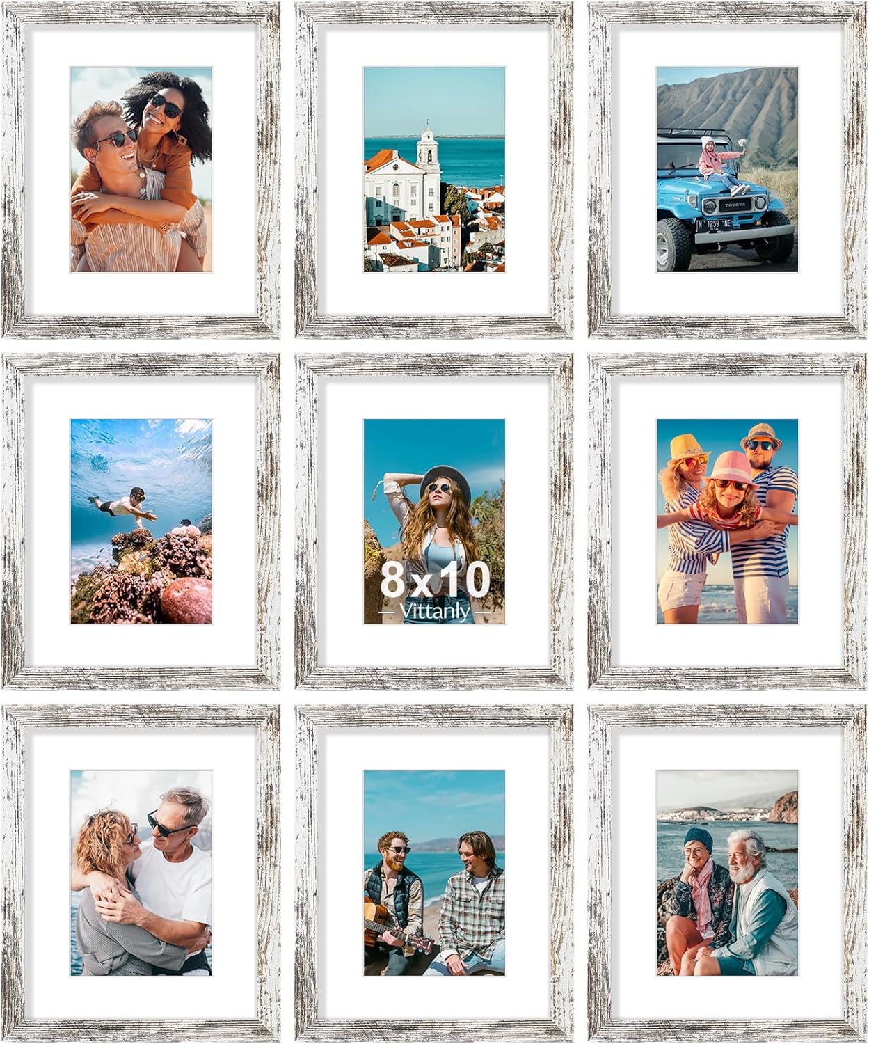Vittanly 8x10 Picture Frames Set of 9, Shatter Resistant Plexiglass, Display 5x7 Pictures with Mat or 8x10 without Mat, Photo Frames for Wall or Tabletop, Engineered Wood, Black - Colors A